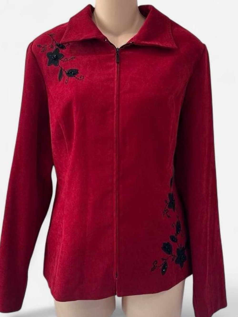 DressBarn Vintage Burgundy Faux Suede Beaded Flower Floral Fall Jacket sz 12